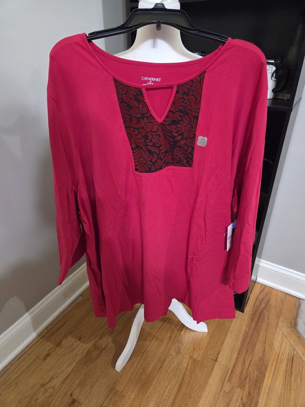 Catherines Red Long-Sleeve Knit Top with Floral Inset